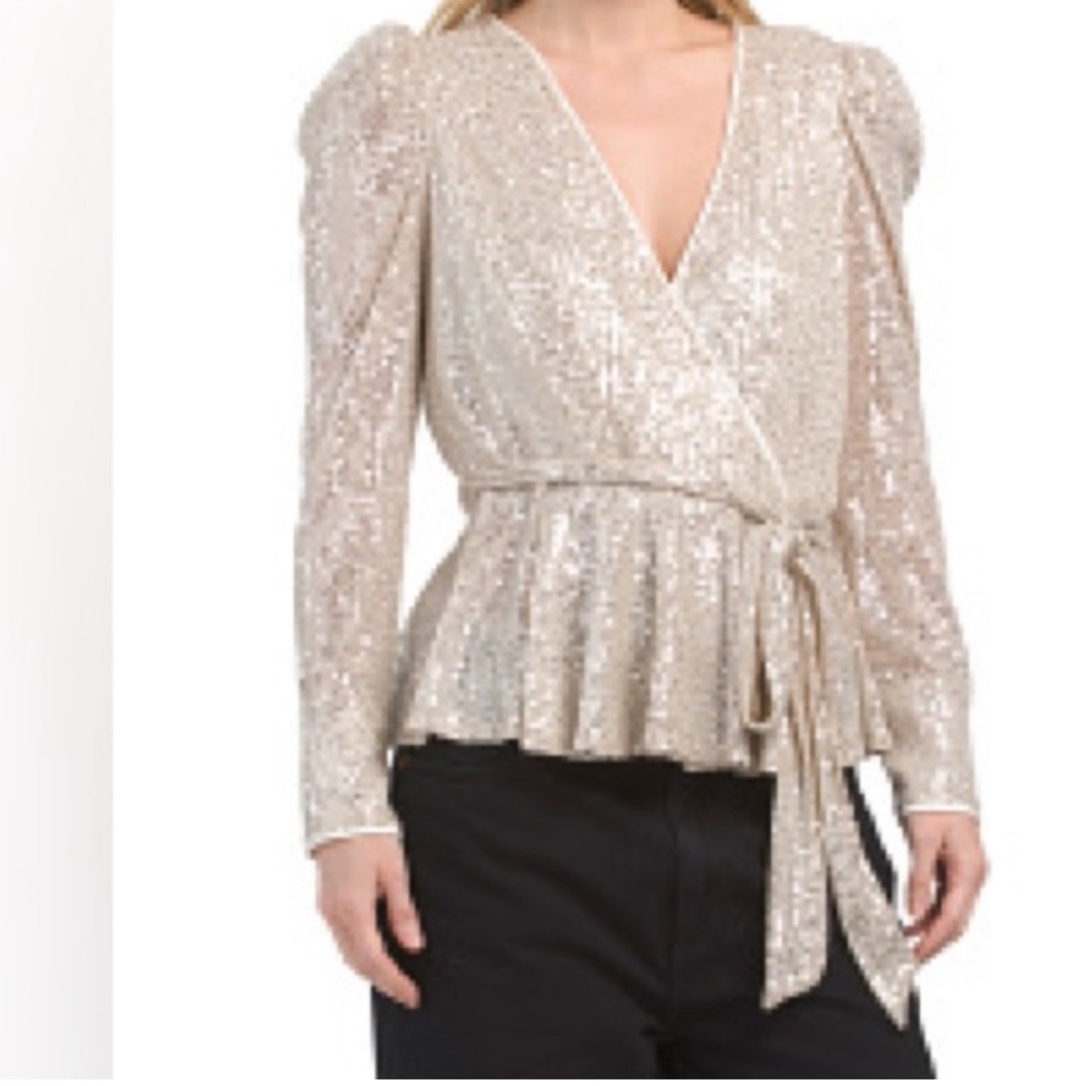 Julia Jordan Sequin Wrap Blouse in Beige